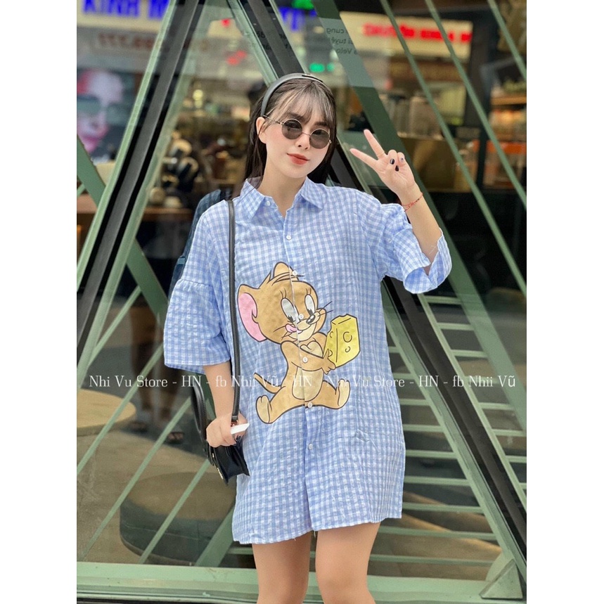 [10.10 Sales Freeship] Đầm sơ mi suông kẻ sọc in hình chuột jerry, đầm sơ mi tay lỡ basic đi chơi dễ thương dx