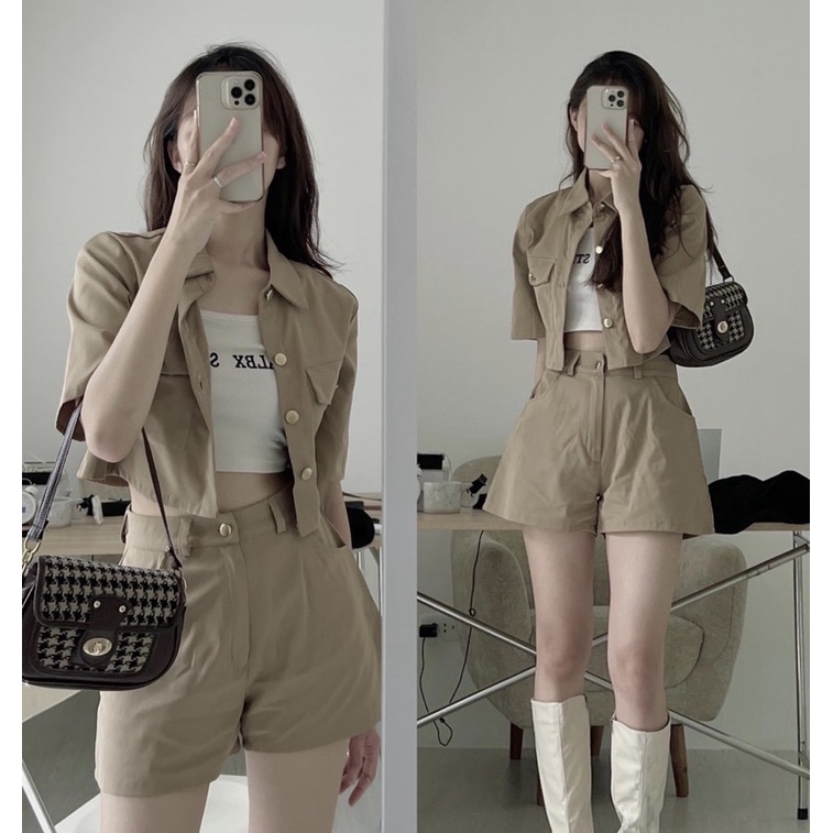 Set 3 Món Kaki (loại 1) Áo Khoác Tay Ngắn Kèm Áo Dây ALBX Mix Quần Short