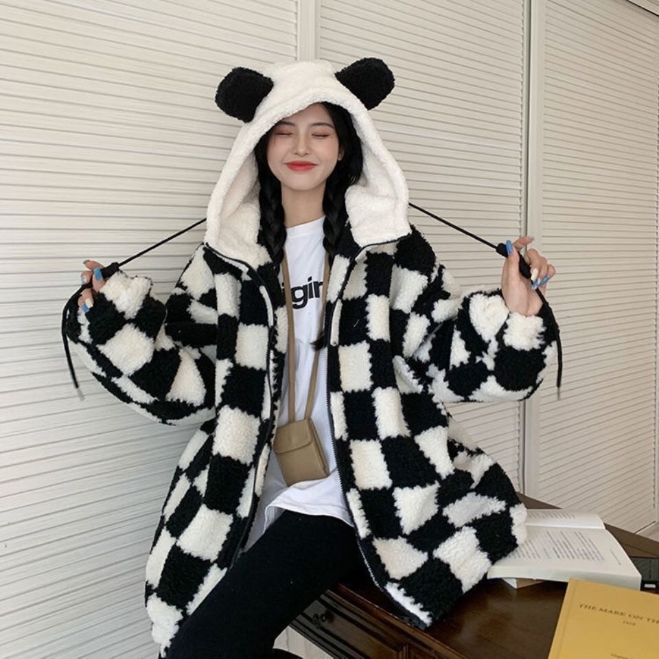 Áo khoác bông kẻ caro đen trắng kèm mũ cute