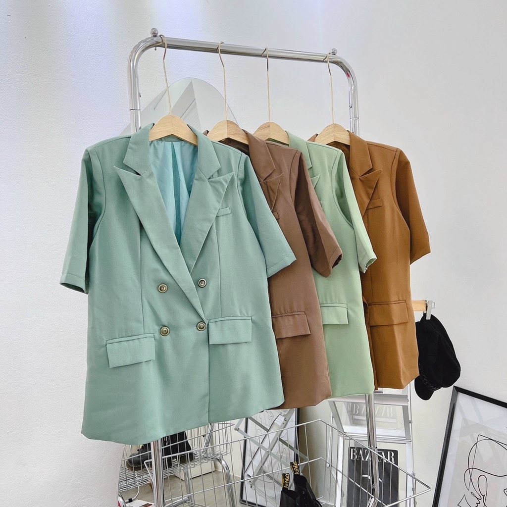 [FREESHIP] Áo khoác Blazer Vest trơn tay ngắn túi nắp màu Xanh mint Nâu NÀNG CLOSET