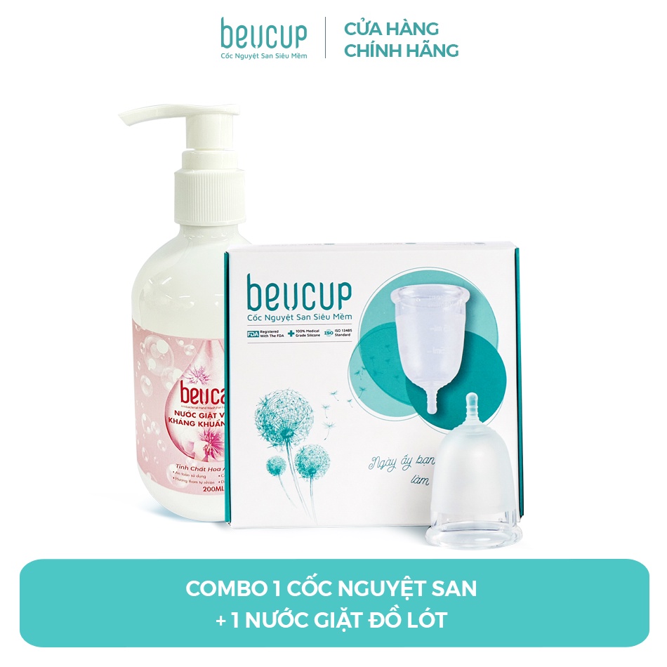 Combo 1 bộ cốc nguyệt san BeUcup siêu mềm chính hãng và 1 chai nước giặt đồ lót sạch khuẩn BeUcare 2