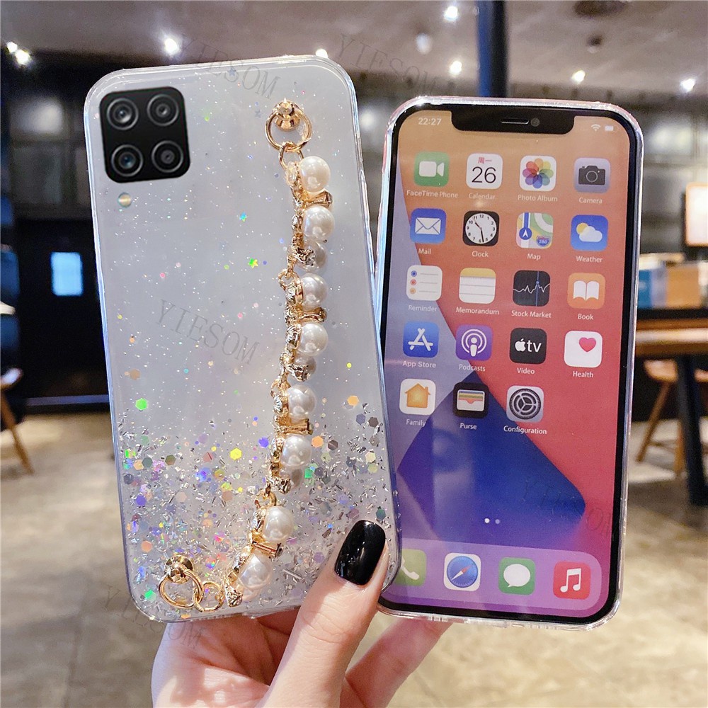 Ốp điện thoại silicon mềm kim tuyến lấp lánh có vòng đeo tay ngọc trai cho Samsung Galaxy A12 A42 5G