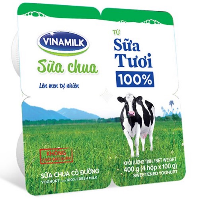 Sữa Chua Ăn Vinamilk 100% Sữa Tươi Có Đường - Vỉ 4 hộp x 100g