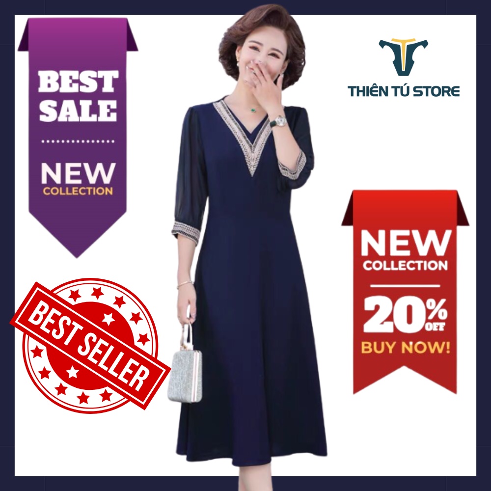 Đầm trung niên nữ sang trọng dự tiệc Thiên Tú cổ tròn ngắn tay chất voan mịn đẹp dáng suông dài đến cổ chân màu đơn sắc