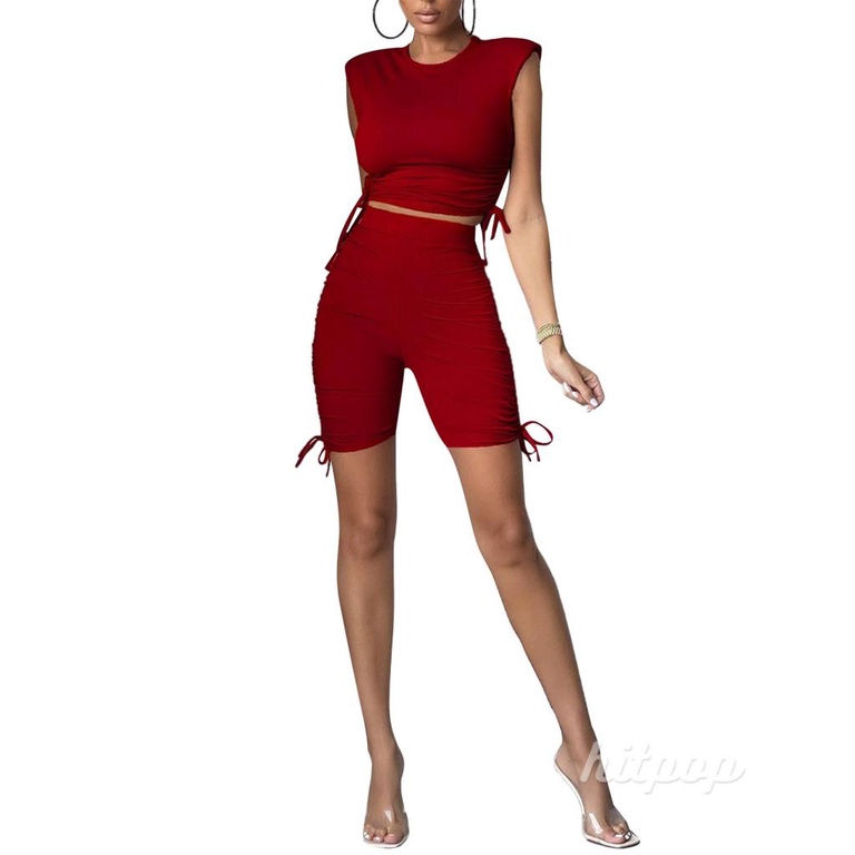 Set Áo Lửng Không Tay Cổ Tròn + Quần Short Lưng Cao Màu Sắc Đơn Giản Cho Nữ
