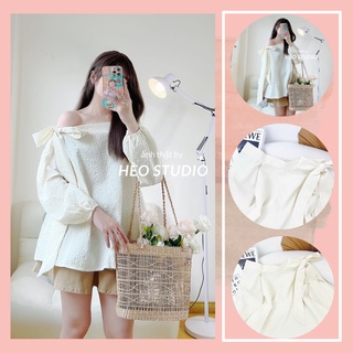 Áo trễ vai xốp buộc nơ vai hèo studio