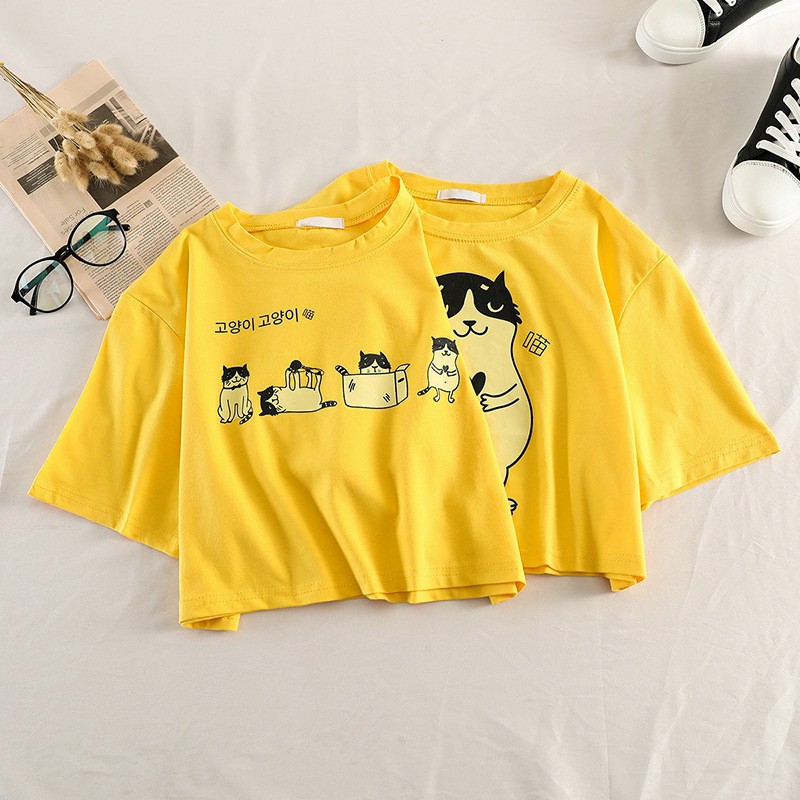 Áo thun croptop hình mèo kèm họa tiết hoa cúc - Sỉ lẻ áo croptop