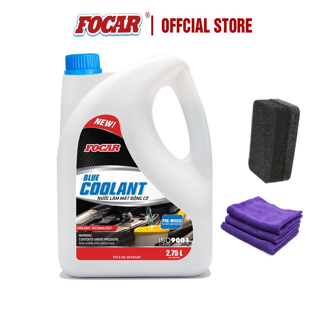 Nước làm mát động cơ ô tô Focar Blue Coolant 4L + Miếng mút vệ sinh ô tô, khăn lau xe hơi