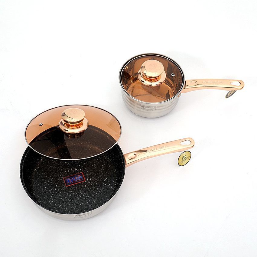 Bộ nồi Đức ENGELBERG 6 món 12 chi tiết đáy inox dày dặn dùng cho mọi loại bếp mạ vàng kèm nắp kính cao cấp Angola