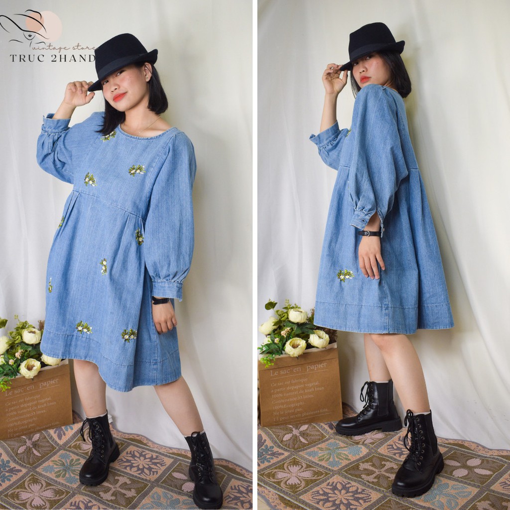 Đầm Nữ Hàn Quốc 2hand Chất Liệu Jean Hoạ Tiết Thêu Form Babydoll Thời Trang Cá Tính.