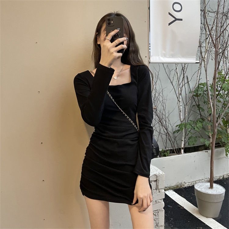 Đầm Ngắn Cổ Vuông Tay Dài Dáng Ôm Màu Đen Phong Cách Pháp Thời Trang Mùa Thu 2022