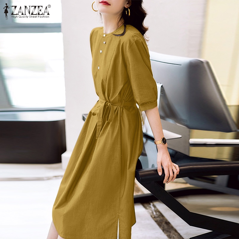 Đầm dài Zanzea thiết kế nút cài phía trước có túi và thắt lưng thời trang cho nữ