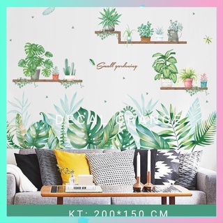 Decal dán tường combo lá xanh và chậu cây, trang trí phòng ngủ, phòng khách