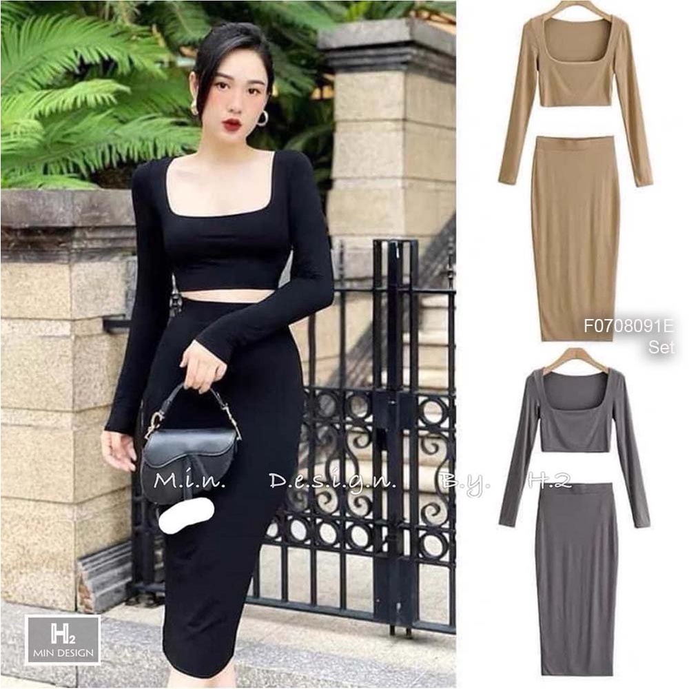 Set bộ bozip áo croptop cổ vuông tay dài phối chân váy bút chì!