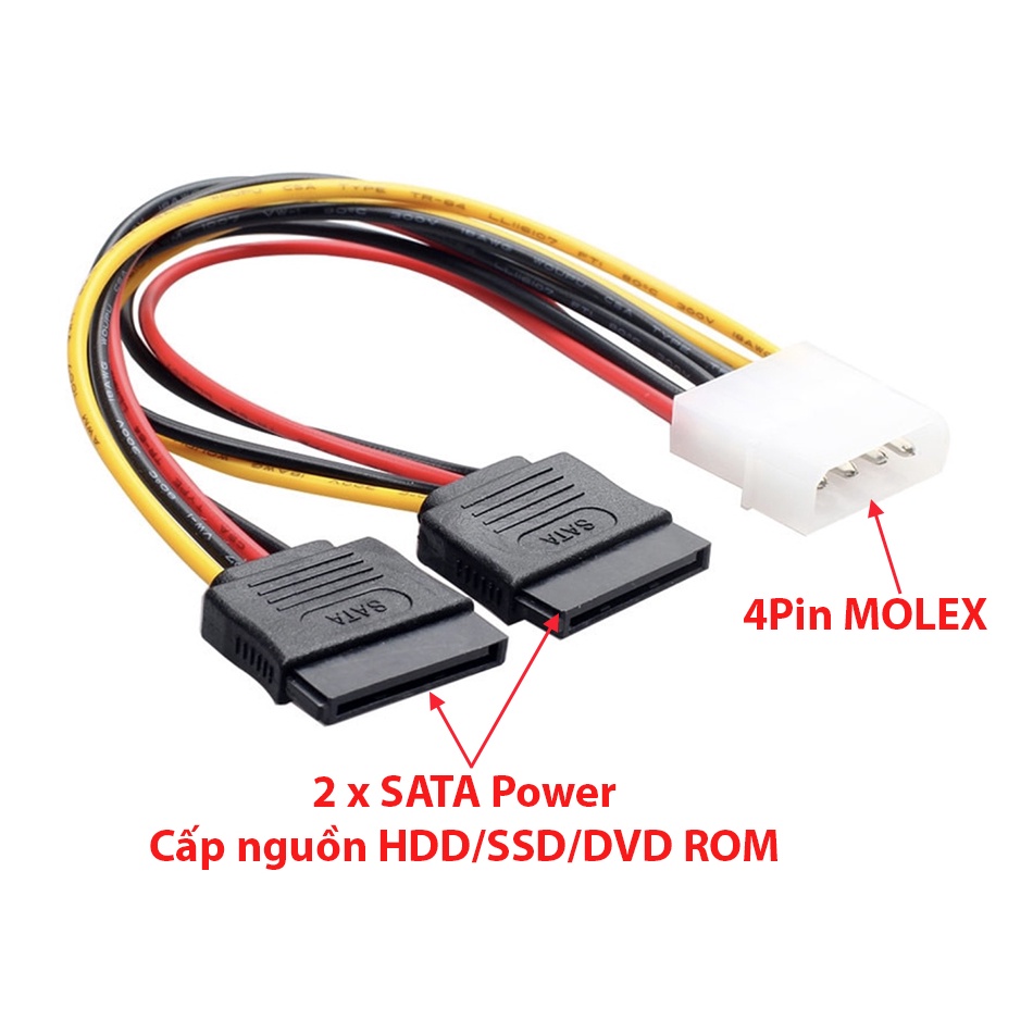 Cáp nguồn Molex ATA IDE 4Pin sang 2 SATA 15Pin, cho ổ cứng SSD, HDD, DVD máy tính PC, máy tính công nghiệp, máy đồng bộ