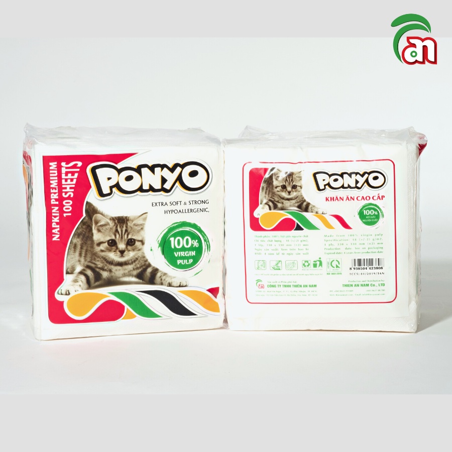 Combo 10 gói Khăn giấy ăn vuông dai, mịn, không bụi PONYO 1 lớp khổ 33 cm gói 100 tờ - Thiên An Nam paper