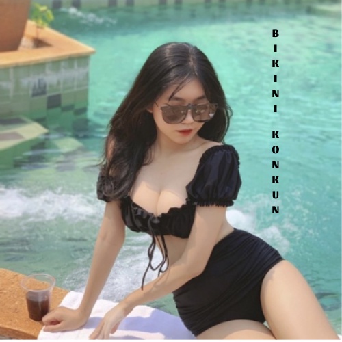 Bikini 2 mảnh quần lưng cao che bụng tay nhún bèo KONKUN MS109