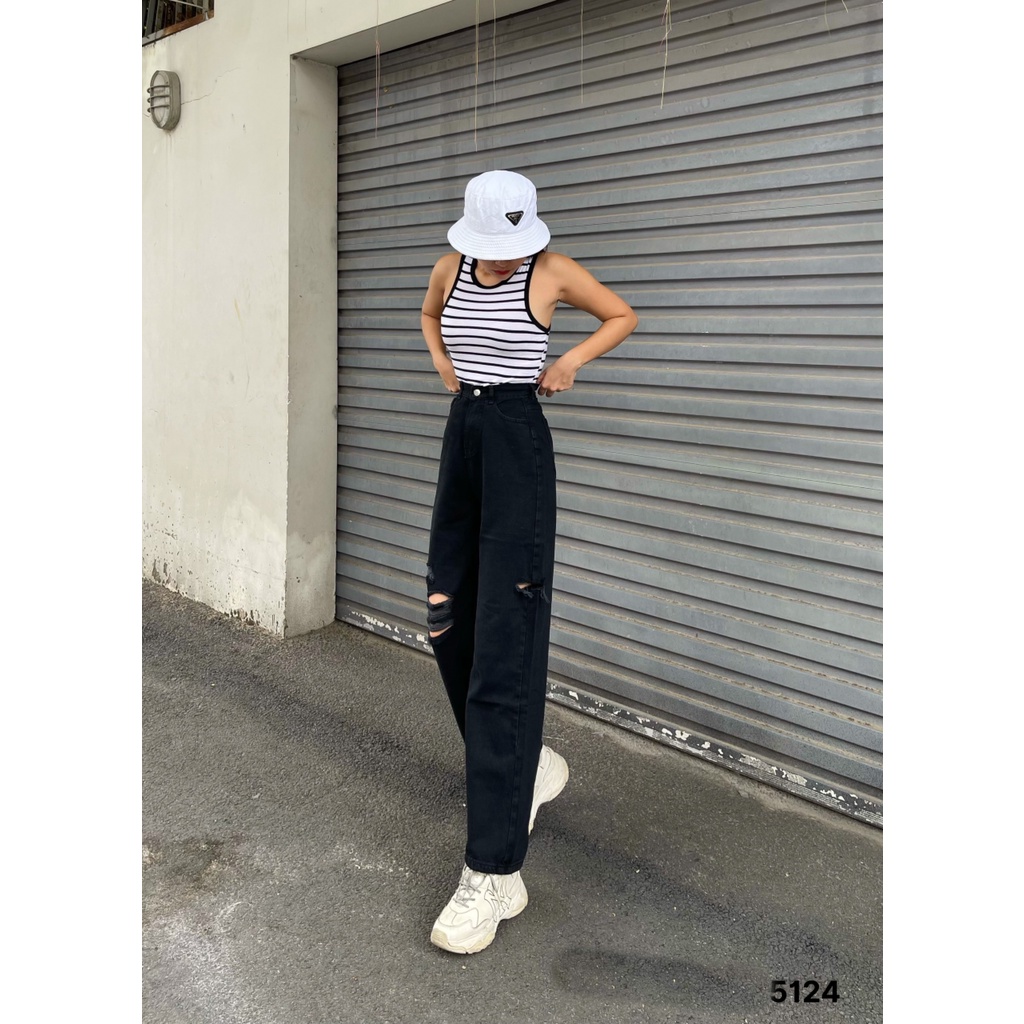 [ORTD5124] QUẦN JEANS ỐNG RỘNG NỮ LƯNG CAO RÁCH VUÔNG GỐI PHẢI BE TRÁI CAO MÀU ĐEN LAI CUỐN DÀY DẶN CAO CẤP NITIQC