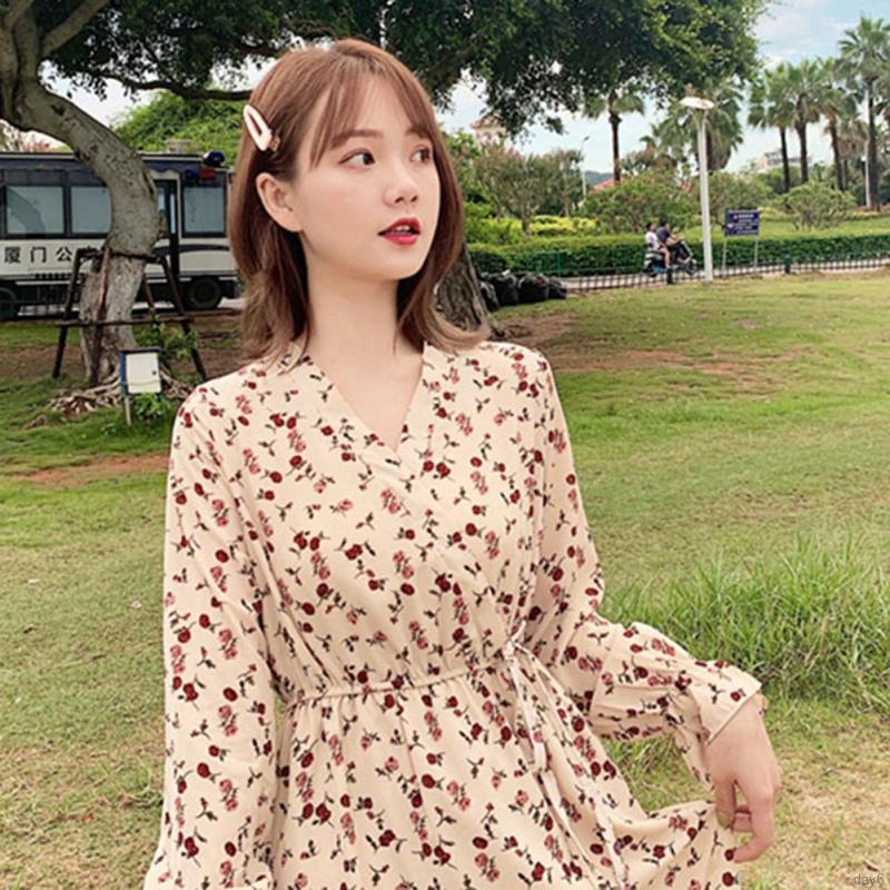 Đầm hoa nữ tay dài kiểu Hàn Quốc dịu dàng đáng yêu | BigBuy360 - bigbuy360.vn