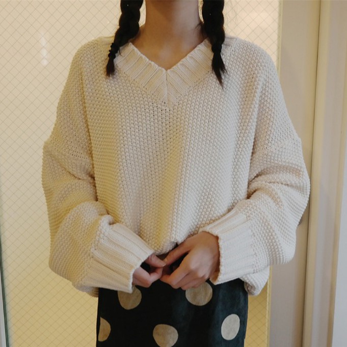 Áo Sweater dệt kim tay dài cổ chữ V phong cách retro