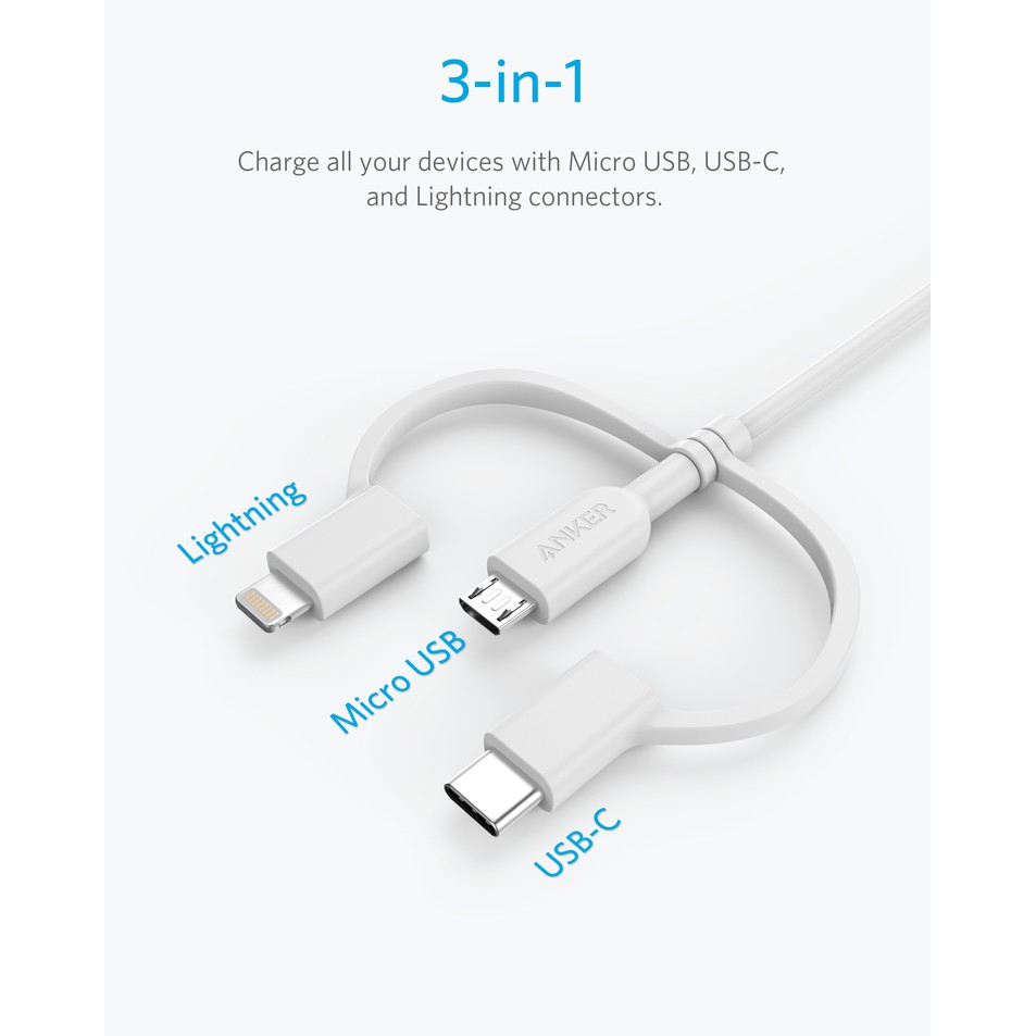 Dây Cáp Sạc 3 in 1 Anker A8436 Powerline II 0.9M Lightning - Type C - Micro USB cho iPhone Samsung Oppo 3 đầu IP 12 11 X