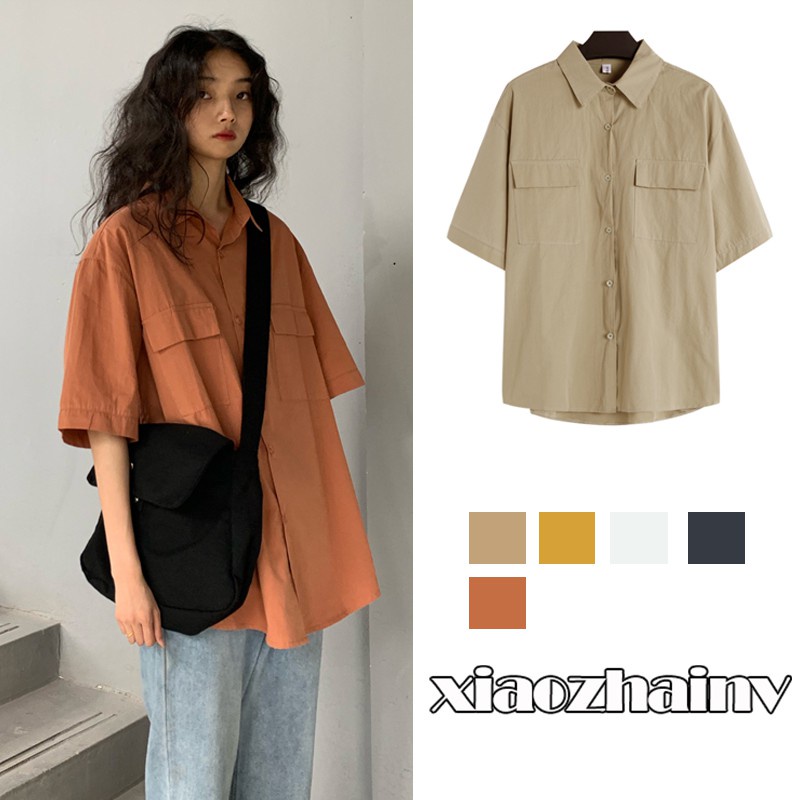 Áo sơ mi tay ngắn 2 túi màu trơn phong cách retro Hàn Quốc 5 màu 1hit_Unisex