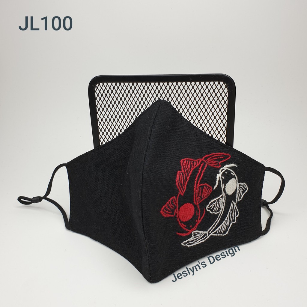 Khẩu trang thêu tay vải linen hình cá phong thủy  JL100