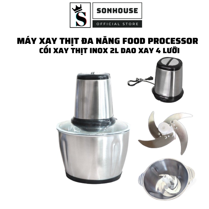 Máy xay thịt đa năng mini FOOD PROCESSOR HDA cối inox dung tích 2 L dao xay 4 lưỡi xay thịt, xay củ quả