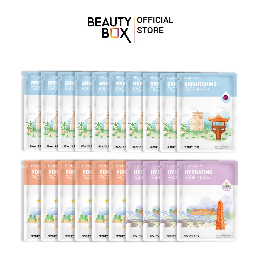Combo 20 Miếng Mặt Nạ Beauty Box Real Juicy (Brightening-Pore Caring-Hydrating)