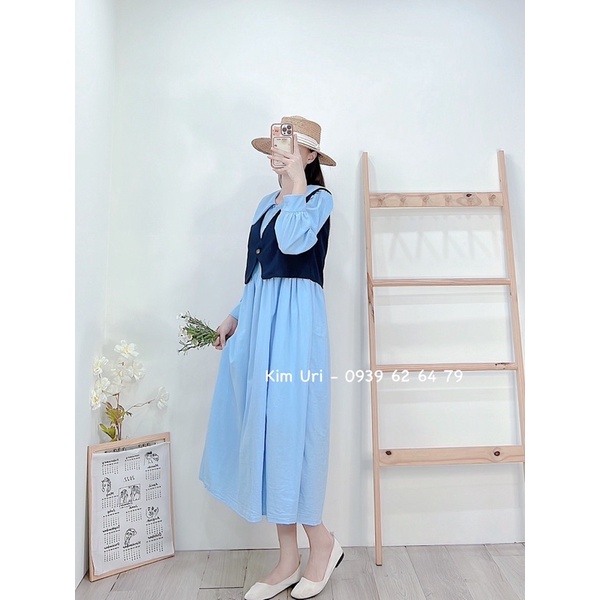[Sẵn] Đầm sơ mi cổ bèo form baby doll tay dài kèm áo ghile 2 màu ulzzang