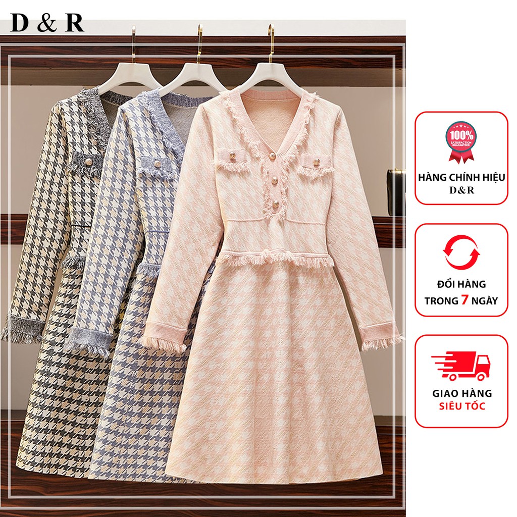Đầm len dệt kim phối tua rua Quảng Châu cao cấp, váy tiêu thư dự tiệc thương hiệu thời trang D&R L033