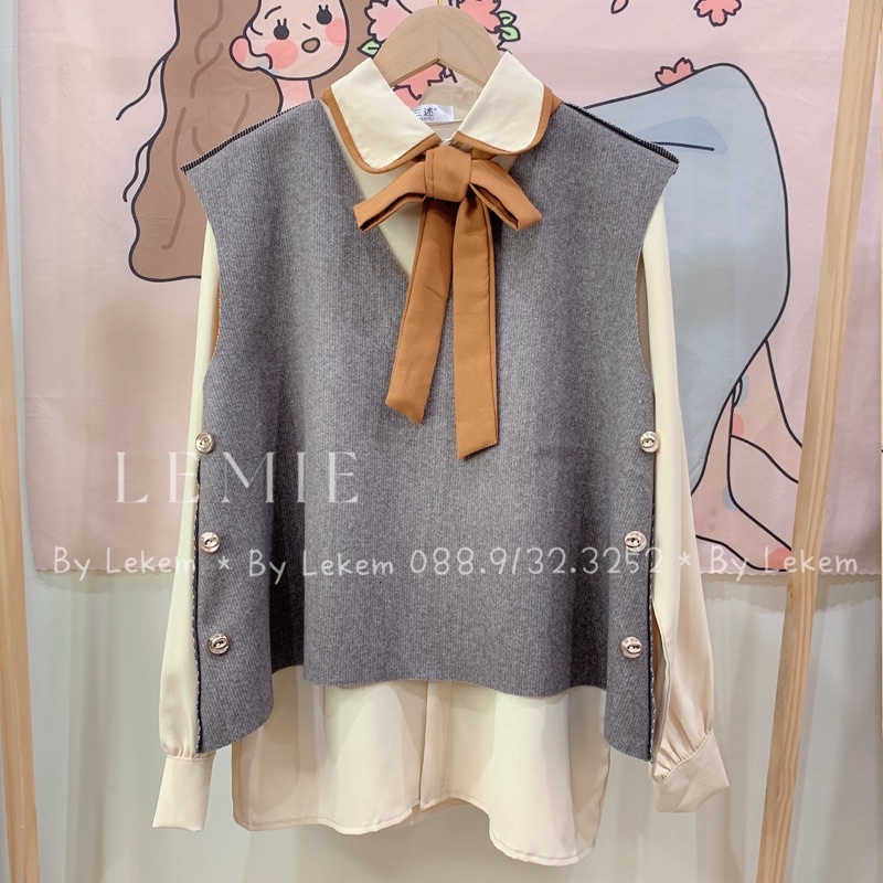 Sét Áo Sơ Mi Kiểu Cổ Thắt Nơ Rời Mix Áo Gile Dạ Khuy Sườn Siêu Xinh  Mã S048 Phong Cách Ulzzang Ảnh Thật Video Lekemqc