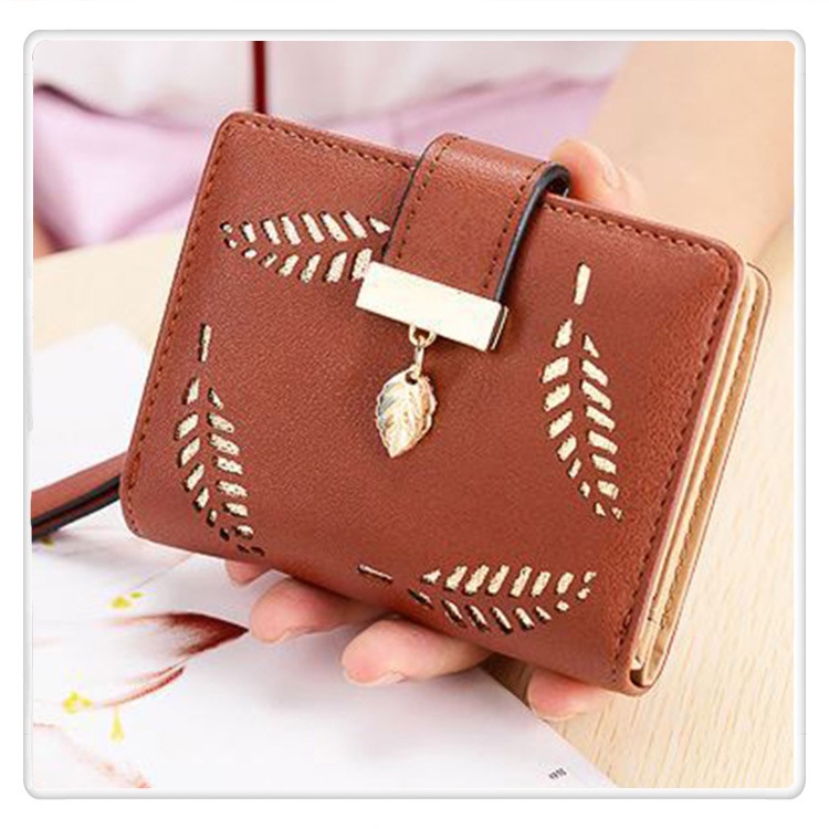 Ví Ngắn Cầm Tay Có Khóa Kéo Họa Tiết Lá Rỗng Phong Cách Hàn Quốc Cho Nữ Giá Đỡ