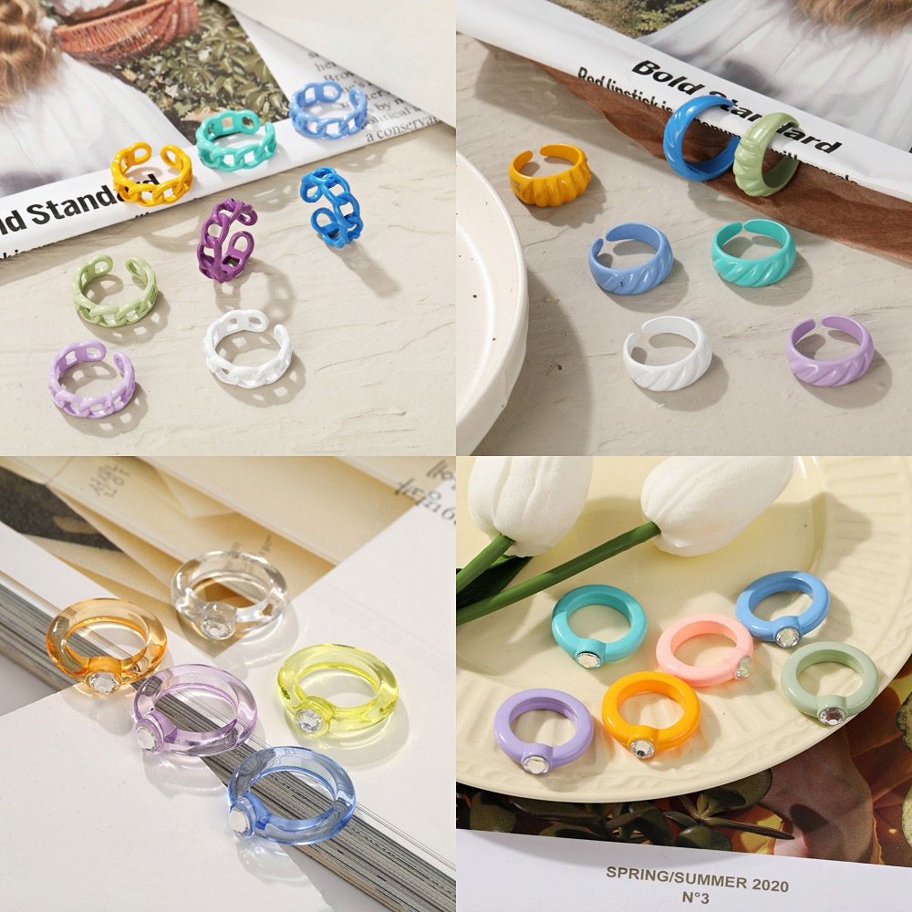 Set 8 nhẫn dạng đá resin phong cách Hàn Quốc retro thanh lịch thời trang làm quà tặng dành cho nữ