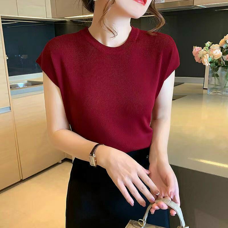 Áo Len Tay Ngắn Cổ Tròn Dáng Rộng Phong Cách Hàn Quốc Thời Trang Cho Nữ