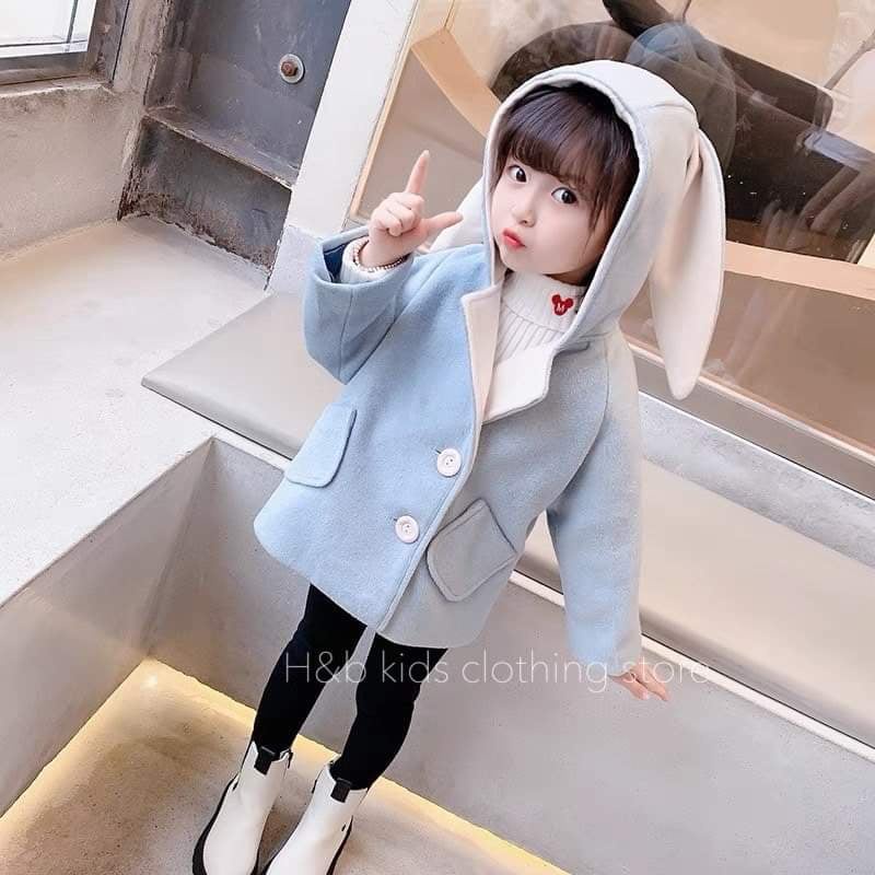 (Xả) Áo khoác dạ dài lót lông hình thỏ cho bé size 14-15kg