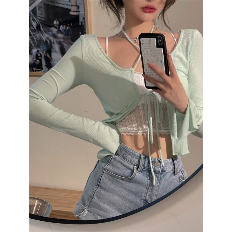 Set áo khoác cardigan phối dây cột và áo bra ren hai dây siêu xinh màu xanh và đen | BigBuy360 - bigbuy360.vn