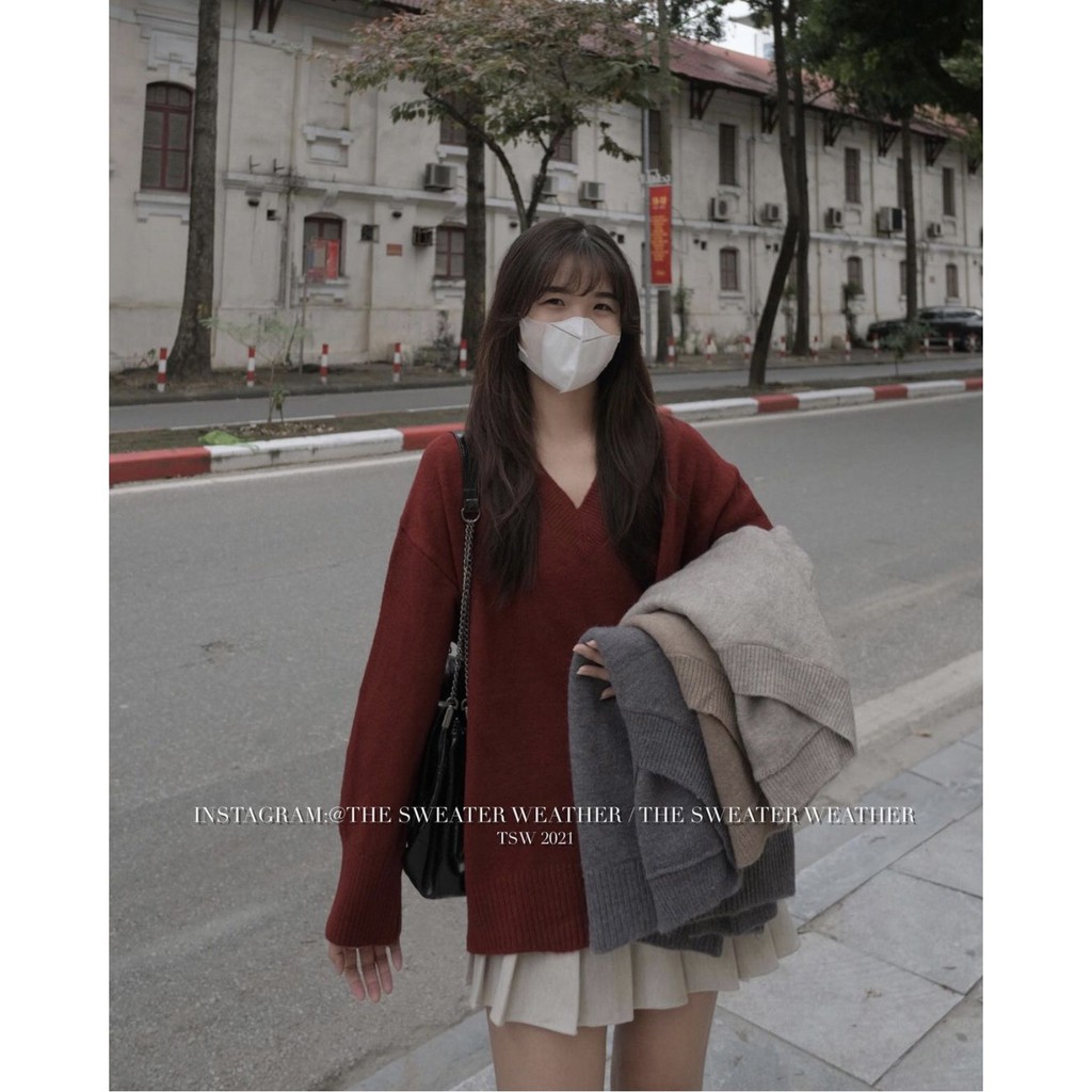 Áo len lông thỏ cổ tim dáng rộng ulzzang - Áo len trơn mịn cổ V nhiều màu