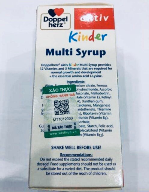 Siro ăn ngon DoppelHerz kinder multivitamin syrup with L-Lysine (khỏe như voi, bớt ốm còi ,vươn tầm vóc ,HCH, Đức