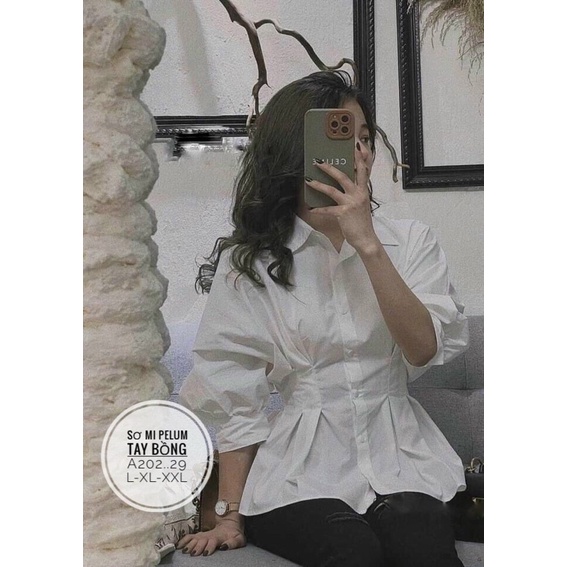 Áo sơ mi nhấn eo tay phồng nhẹ bigsize 55kg-90kg☘️☘️