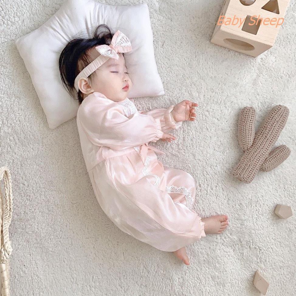 HÀNG CAO CẤP-Body voan tơ nhũ váy công chúa dài tay dài chân tặng kèm băng đô vải tơ lụa mềm mại cho bé