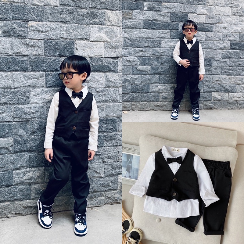 Set vest sơ mi công tử kèm gile bé trai(màu đen)