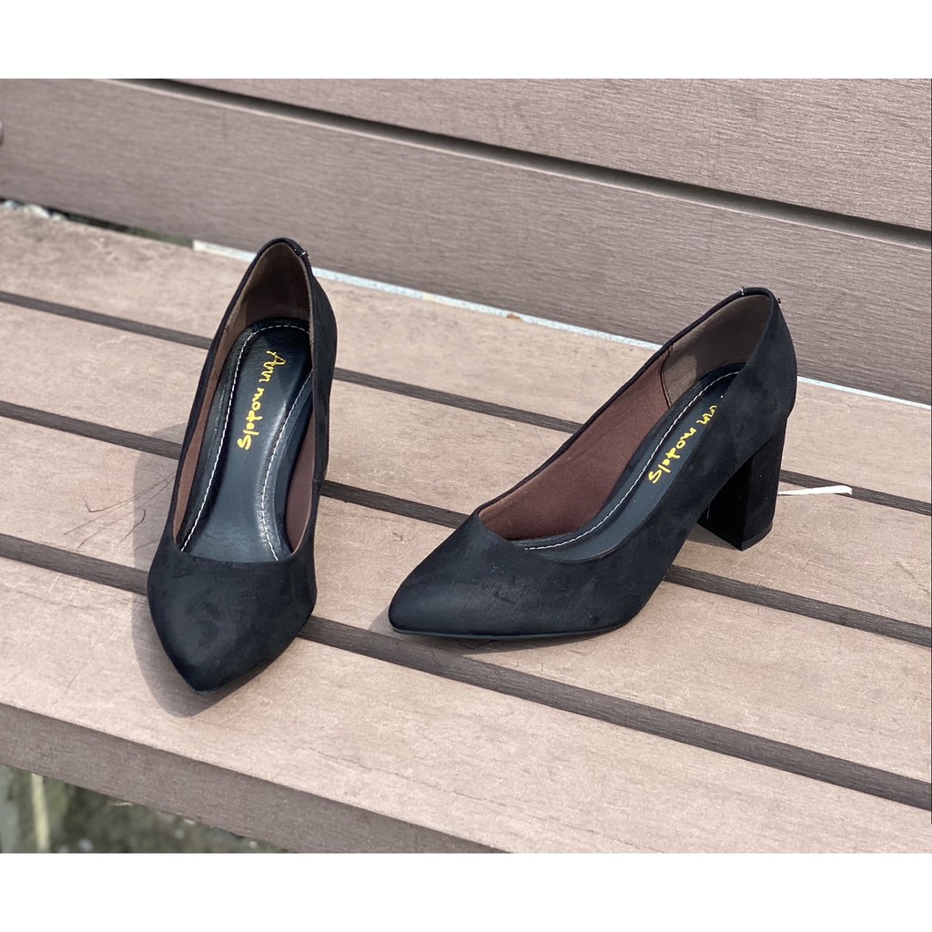 Giày cao gót nữ công sở Anna gót vuông 7 phân mũi nhọn da lộn cao cấp