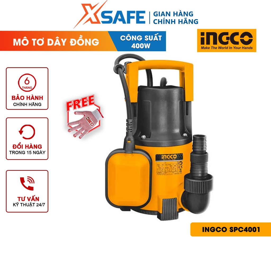 Máy bơm chìm nước sạch INGCO SPC4001 điện áp 220-240V~50Hz, công suất đầu vào 400W, cột áp 8M