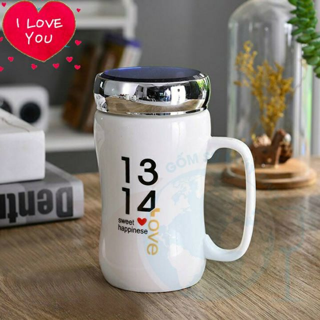 Ly Sứ Giữ Nhiệt 400ml.Nắp Gương Có Tay Cầm In Hoạ Tiết Ngẫu Nhiên