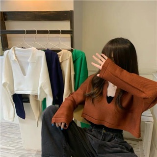 (CÓ SẴN) ÁO LEN DỆT KIM TAY DÀI CROPTOP CỔ V