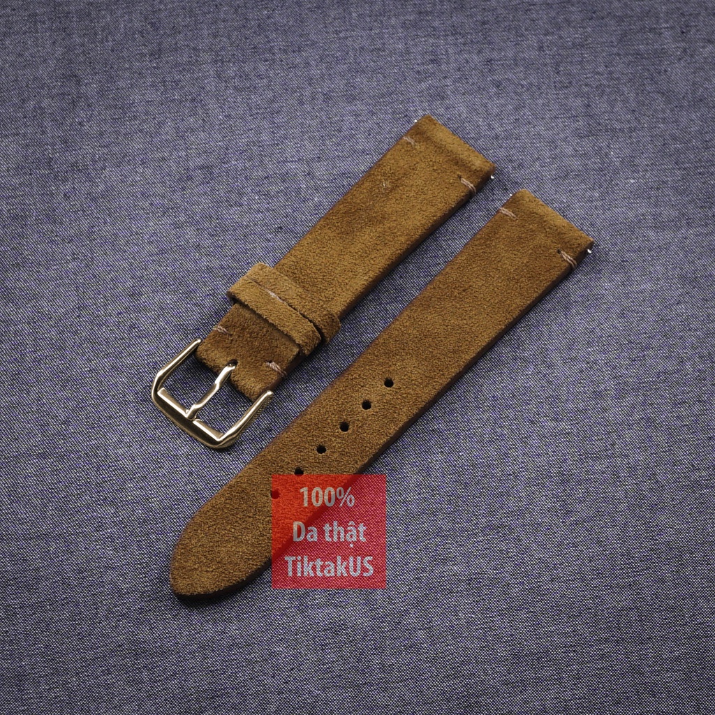 Dây đồng hồ nam da bò thật style Vintage khóa thép mạ vàng hồng Rose Gold không may chỉ viền, da lộn, nhiều màu, đủ size