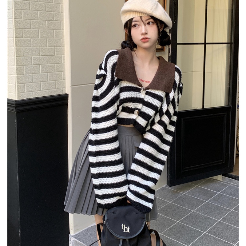 Áo Khoác Cardigan Dệt Kim Cổ polo Họa Tiết Kẻ Sọc Màu Tương Phản Thời Trang