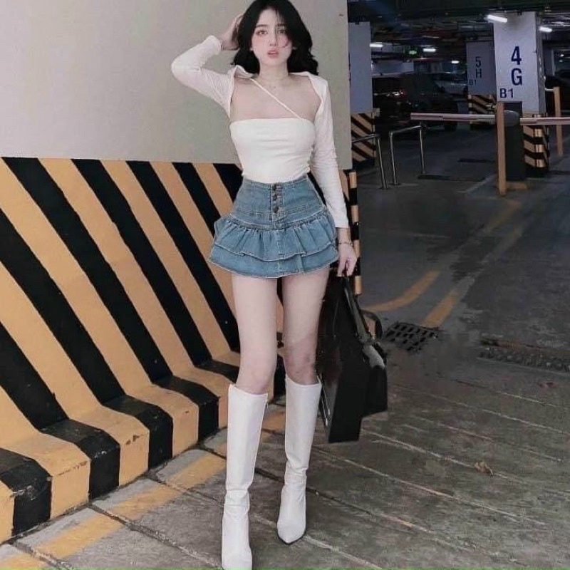 Chân Váy ngắn jean lưng cao 2 tầng xoè sexy quyến rũ