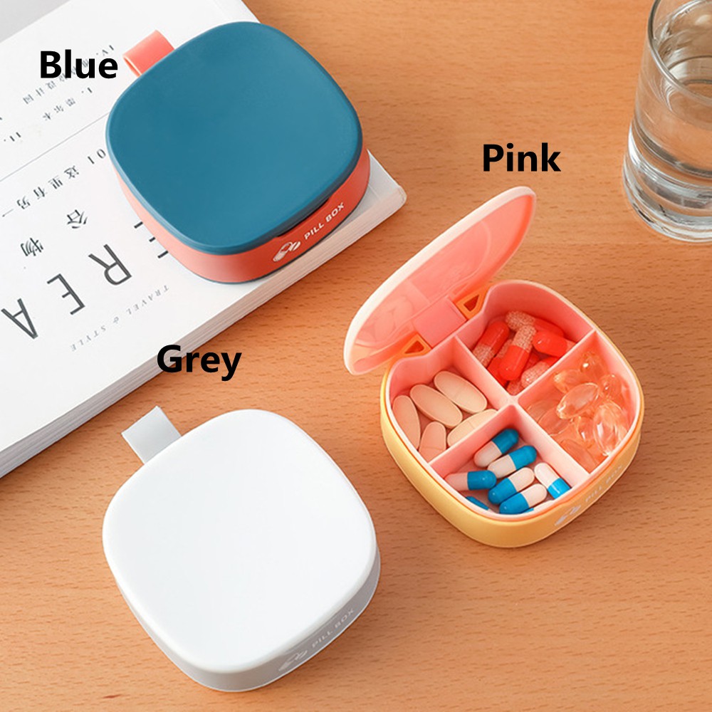 JUNE Travel Small Pill Box Cute Portable Pill Organizer For Purse or Pocket Supplements Vitamin Fish Oil 4 Compartments Food Grade Material Daily/Multicolor